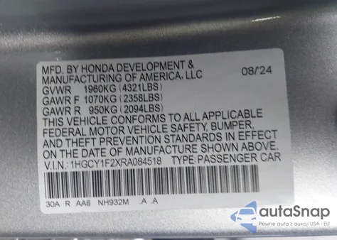 2024 Honda Accord Lx из США, поврежденный, VIN 1HGCY1F2XRA084518